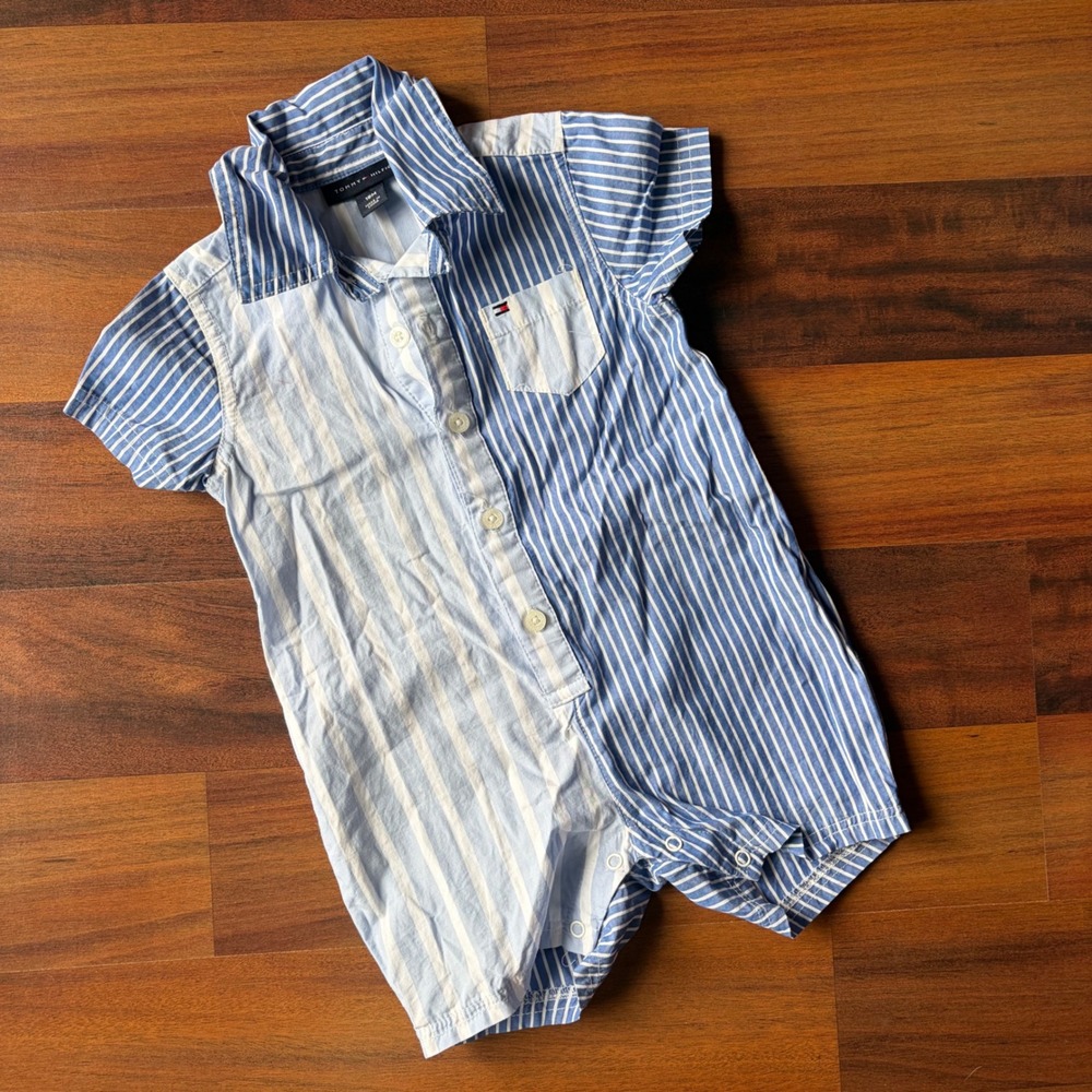 Tommy Hilfiger Baby Boys Blue White Mixed Stripe Short Sleeve Romper 18M